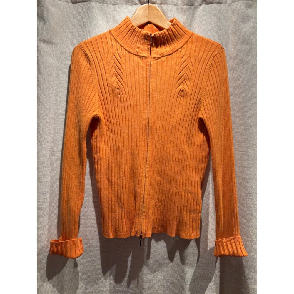 Belldini Orange Ribbed Knit Mock Neck Double Zip Cardigan Sweater Womens Medium